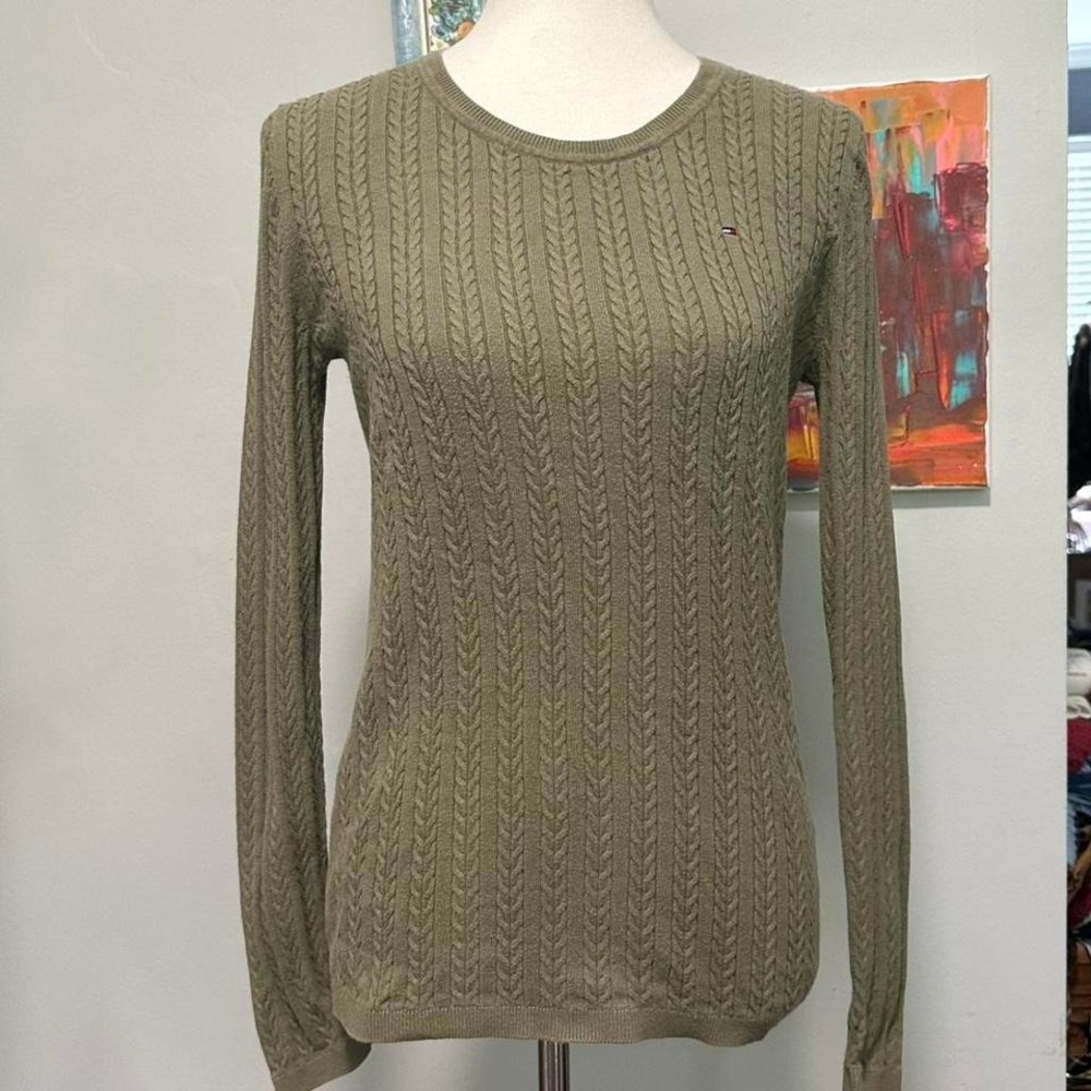 Olive green cable knit sweater by Tommy Hilfiger